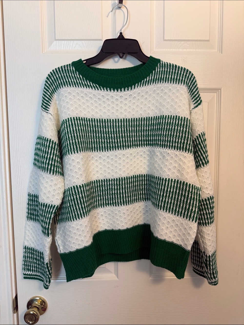 Women's Green and White Striped Crewneck Sweater